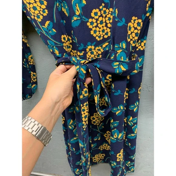 J.Crew Wrap Dress 00 Navy Yellow Floral 3/4 Sleeve Mini V Neck Women's Polyester - Picture 8 of 9
